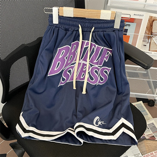 ins潮牌抽绳休闲篮球五分裤 复古街头篮球网刺绣运动短裤 男生时尚