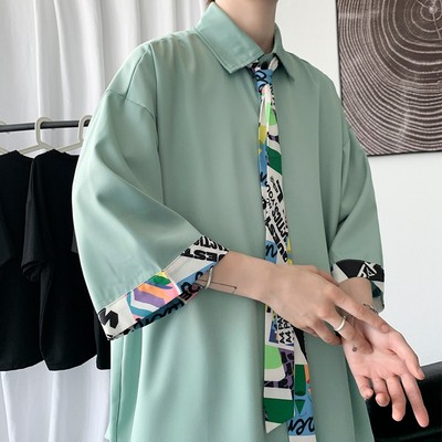 翻领宽松百搭撞色款领带冰丝衬衣