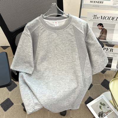 2025夏季拼接螺纹设计感短袖男生重磅解构t恤版型正肩上衣服ins潮