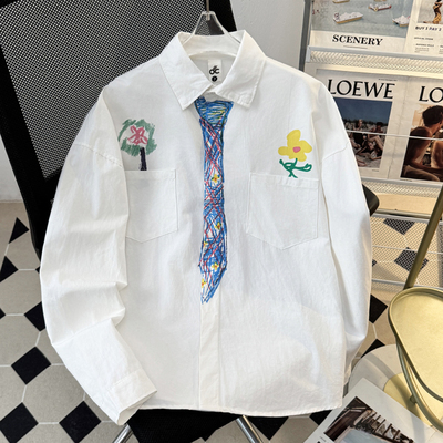 设计感手绘领带白色长袖衬衫男款2025年春秋季中性风穿搭创意衬衣