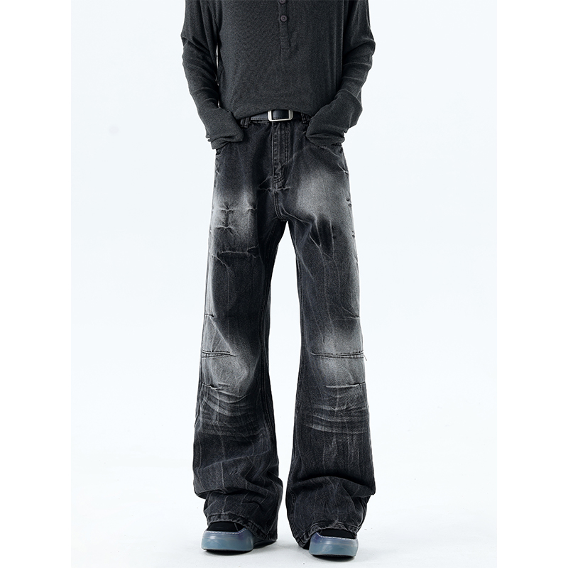 复古vibe风褶皱闪电纹黑色牛仔裤男做旧水洗设计堆积感微喇裤直筒