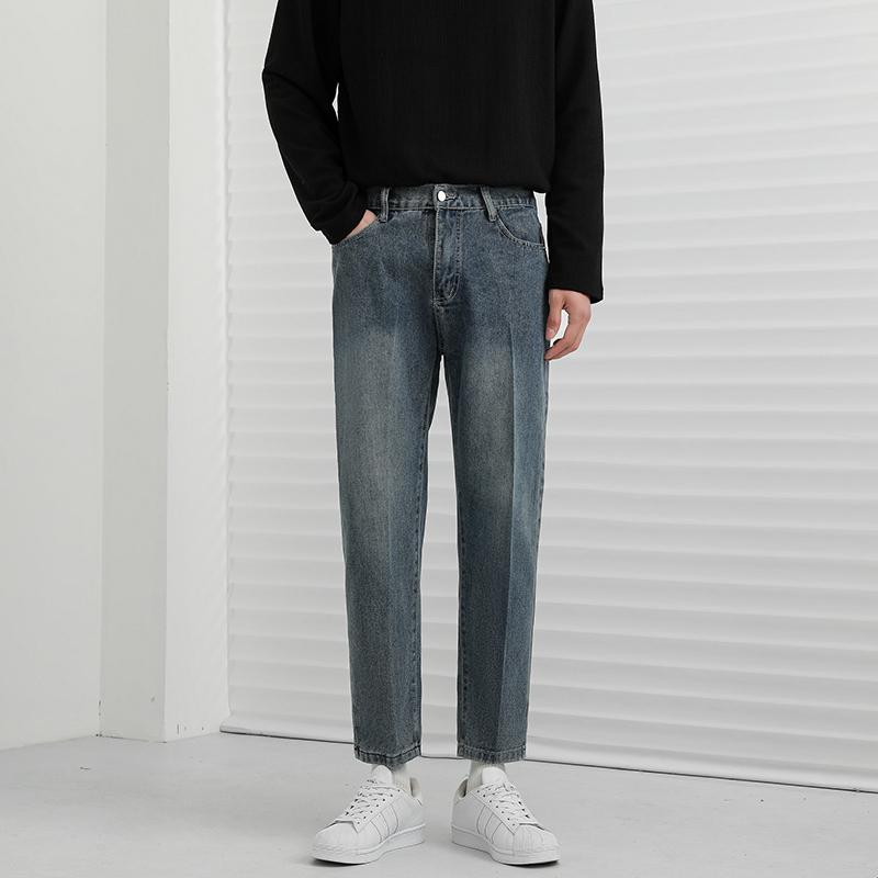 韩版黑色水洗中腰九分牛仔裤男士高级感复古vibe风修身显瘦直筒裤