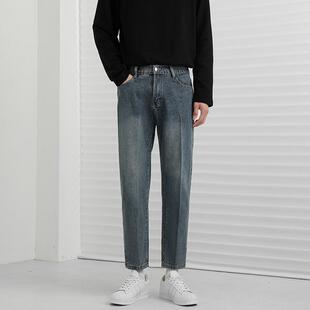 显瘦直筒裤 韩版 高级感复古vibe风修身 男士 黑色水洗中腰九分牛仔裤