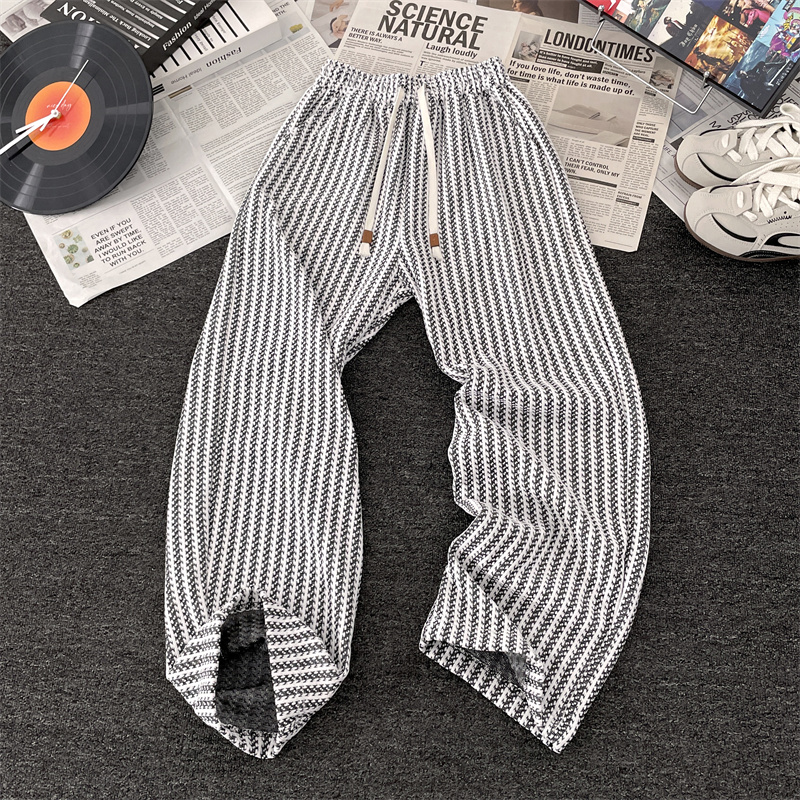 小香风重磅鱼骨纹直筒抽绳裤子男女款松紧腰美式宽松休闲运动卫裤