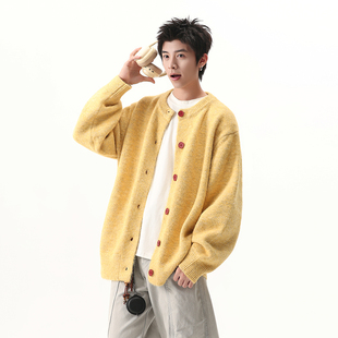 韩系开衫纯色圆领毛衣男生冬季松弛感老钱风穿搭软糯针织衫外套潮