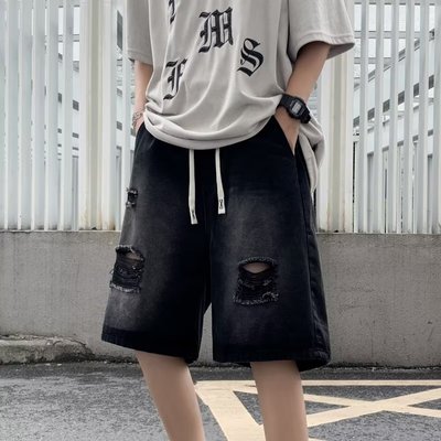 街头割烂破洞牛仔短裤男生痞帅设计感小众夏季乞丐五分裤美式直筒