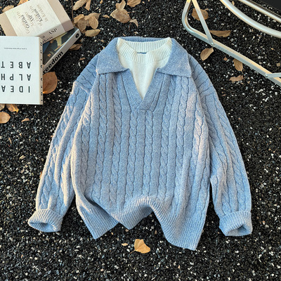 假两件麻花长袖毛衣男款冬季韩系穿搭翻领套头polo衫保暖针织线衣