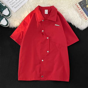 高级小众设计感不规则短袖 宽松休闲红色垂感衬衣 男女复古夏季 衬衫