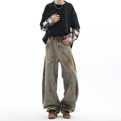 黄泥染美式重工脏洗涂鸦牛仔裤男女显瘦阔腿水洗做旧宽松弯刀长裤