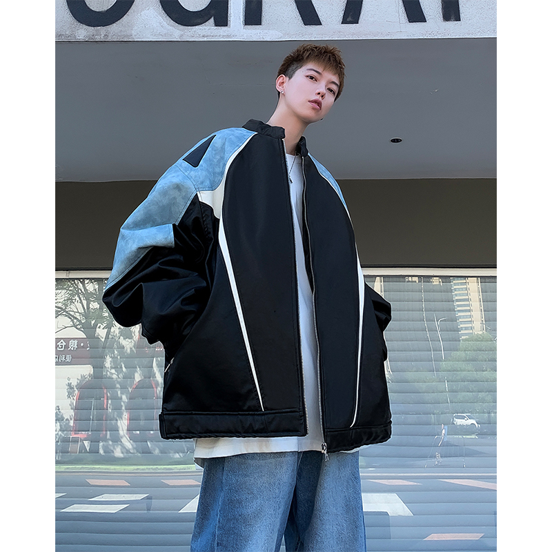 美式赛车服pu皮夹克男装春秋vintage设计感机车风扎染皮拼接外套