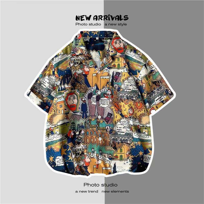 复古趣味满印图案短袖衬衫男女潮牌ins港风垂感五分半袖翻领衬衣