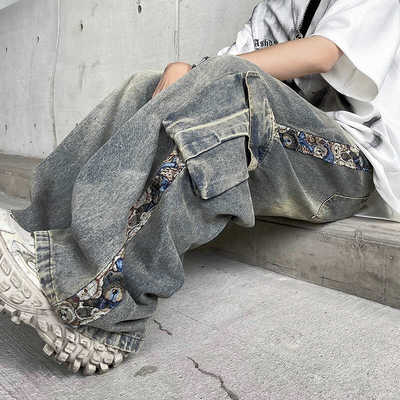美式刺绣拼接工装牛仔裤男直筒宽松水洗做旧扎染大口袋垂感阔腿裤