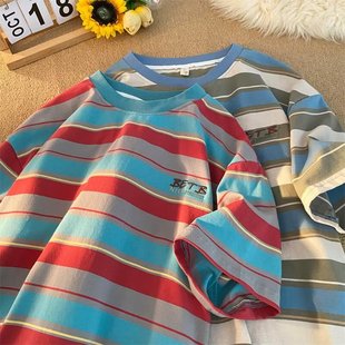 潮牌寬松休閑純棉半袖 圓領(lǐng)彩色條紋刺繡短袖 夏季 打底衫 T恤男女款