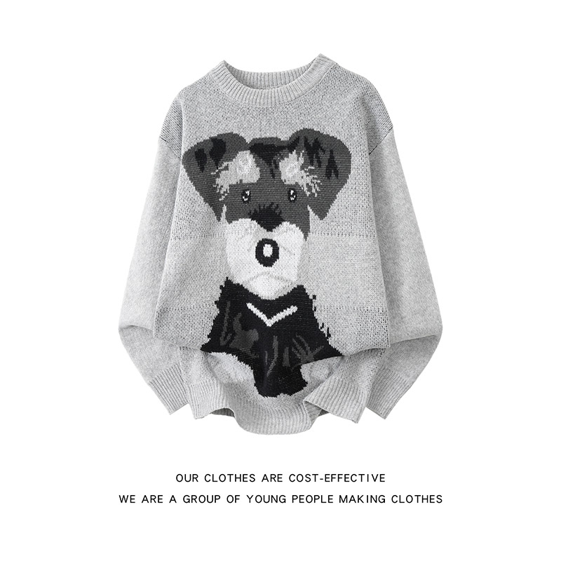 趣味可爱小狗提花圆领毛衣男女冬季美式氛围感软糯套头针织衫长袖