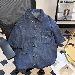 复古水洗盘扣工装 半袖 短袖 男女宽松新中式 日系衬衣潮 牛仔衬衫 夏季