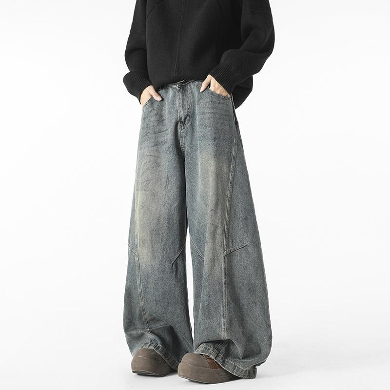 美式复古解构水洗弯刀牛仔裤男女微喇叭显瘦宽松休闲直筒阔腿长裤