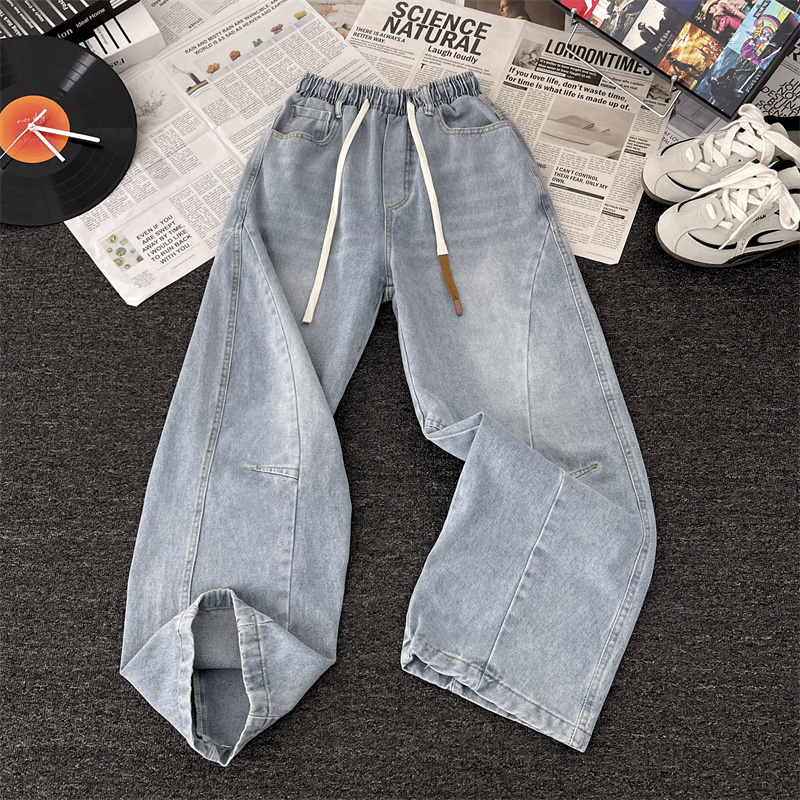 秋季款浅蓝色半松紧抽绳牛仔裤男生复古水洗宽松直筒美式阔腿裤子
