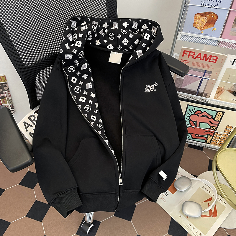 美式重磅连帽加绒灰色卫衣男女简约冬季2025加厚宽松运动开衫外套