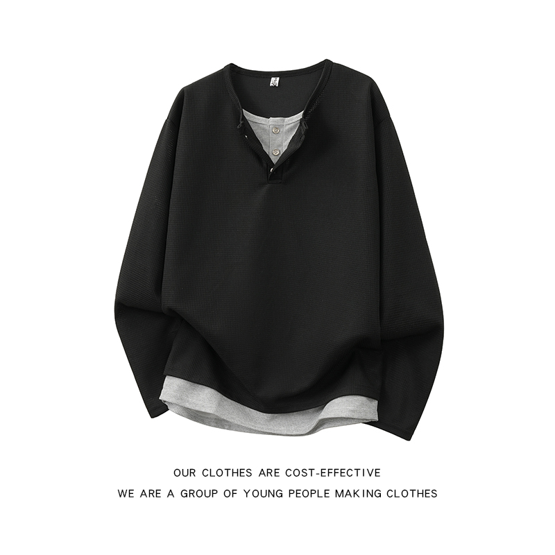 华夫格假两件亨利领长袖t恤男装秋季polo衫卫衣高级感内搭上衣服