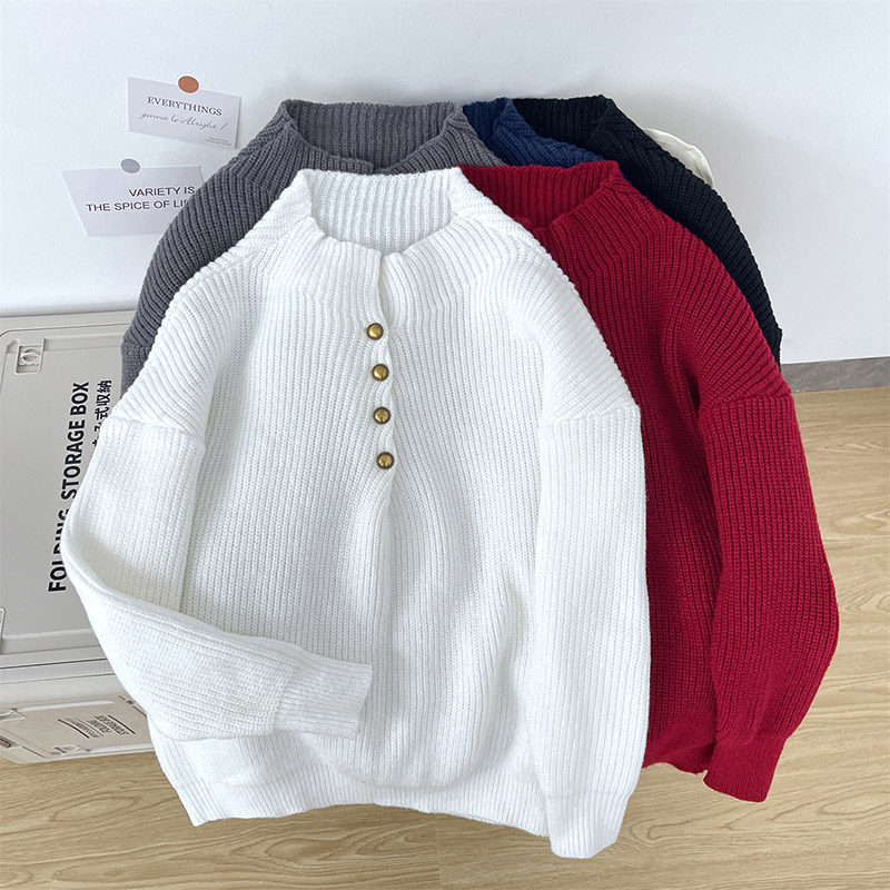 美式不规则斜襟纽扣套头毛衣男秋冬季宽松高级感内搭针织衫上衣