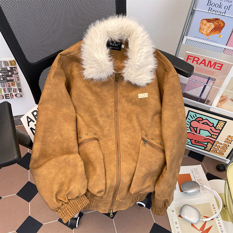 高级感可拆卸毛领夹克男女bf冬季美式加厚防风PU皮衣褂子休闲外套