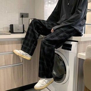 春秋格子裤 子 男九分ins潮牌日系直筒英伦休闲宽松复古9分灯芯绒裤