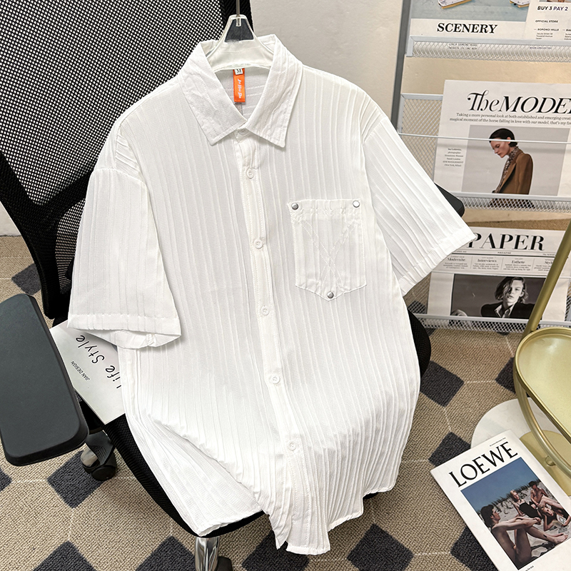 白色薄款冰丝翻领衬衫男装痞帅短袖垂坠感外穿工装半截袖开衫衬衣