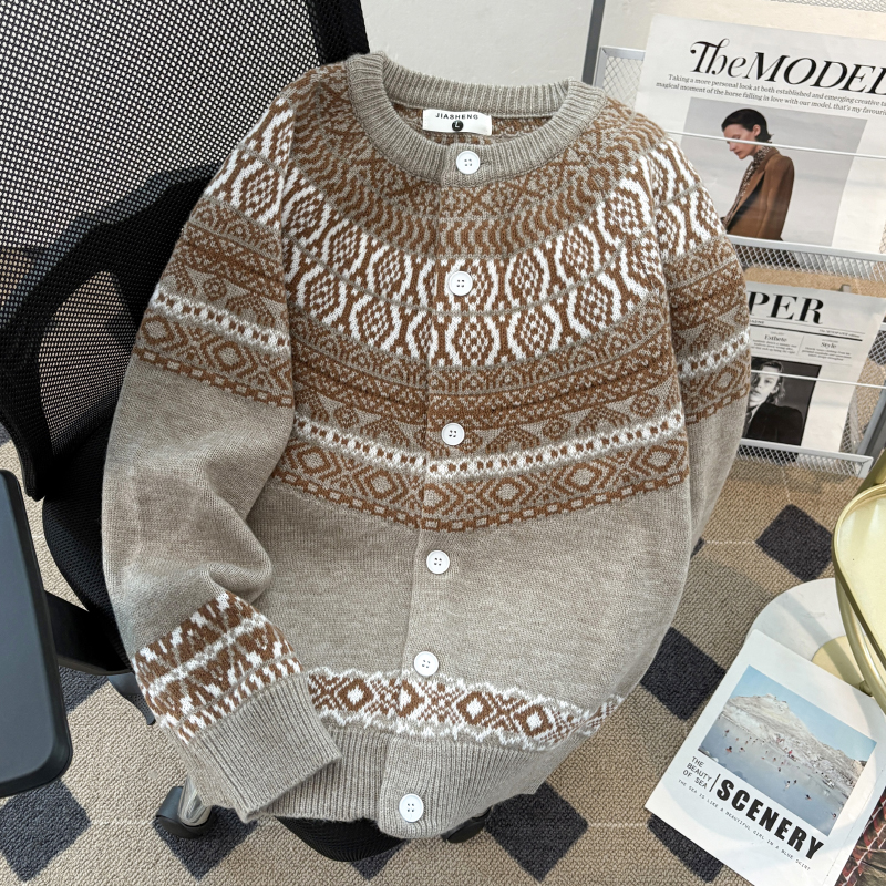 重磅费尔岛老钱风针织开衫男款秋冬2025宽松提花圆领长袖毛衣外套