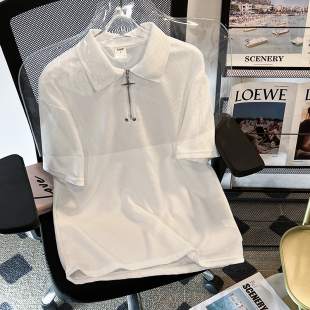 t恤男女潮流宽松翻领polo衫 复古半拉链纯色短袖 休闲百搭套头上衣