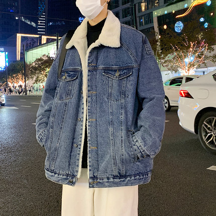 国潮牌牛仔棉衣外套男女冬季加绒加厚羊羔绒棉服高街痞帅宽松棉袄