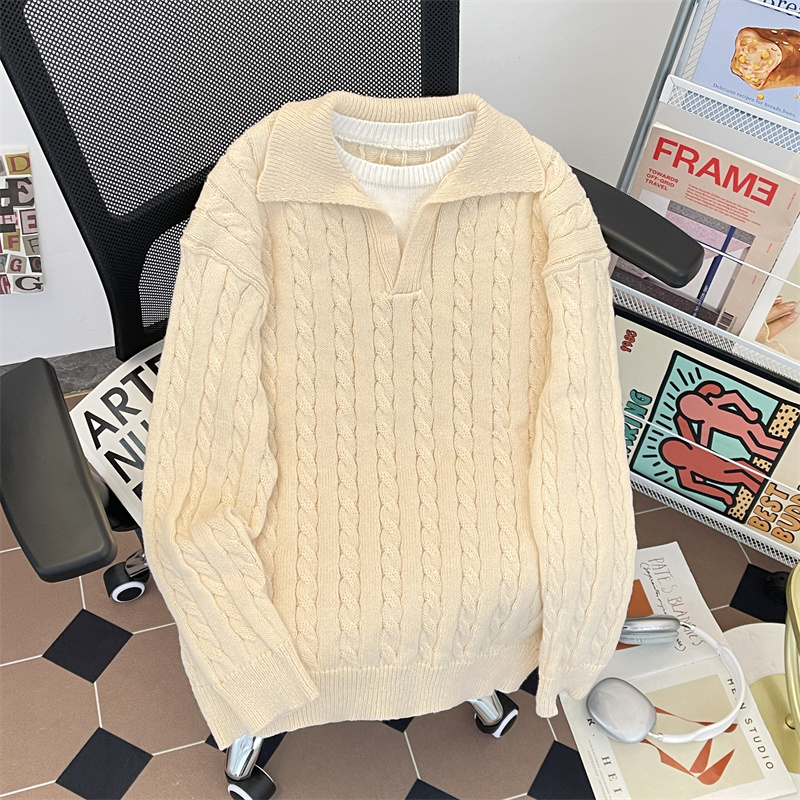 韩系翻领麻花长袖毛衣男款冬季针织衫高级感POLO领内搭打底衫套头