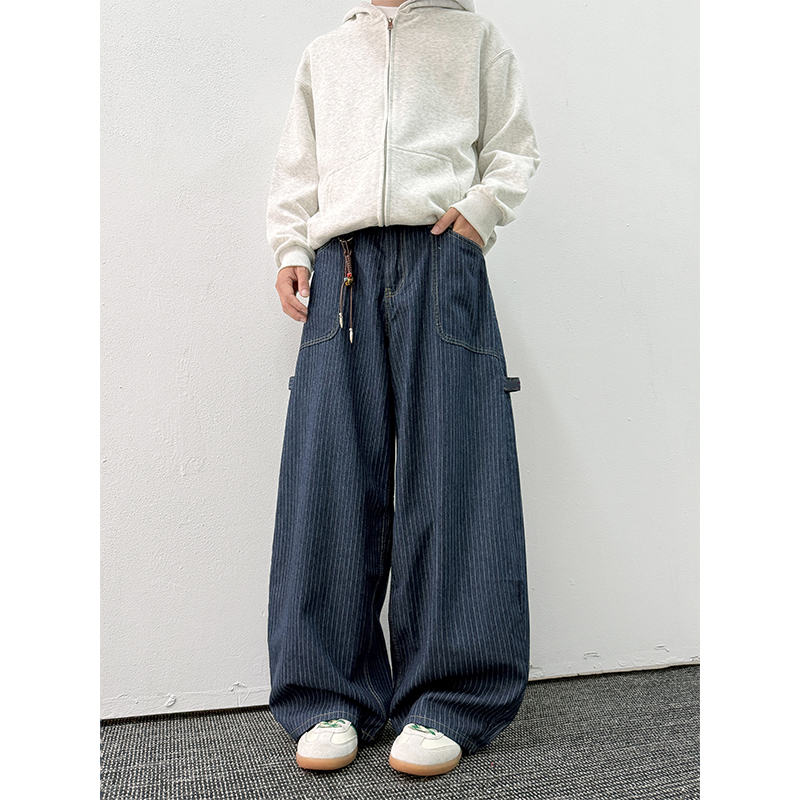 深蓝色条纹拼接弯刀牛仔裤男女款显瘦直筒cleanfit宽松微喇阔腿裤