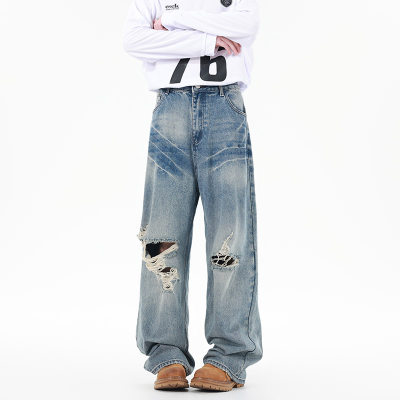 割烂破洞扎染牛仔裤男士弯刀cleanfit宽松青少年水洗直简休闲长裤