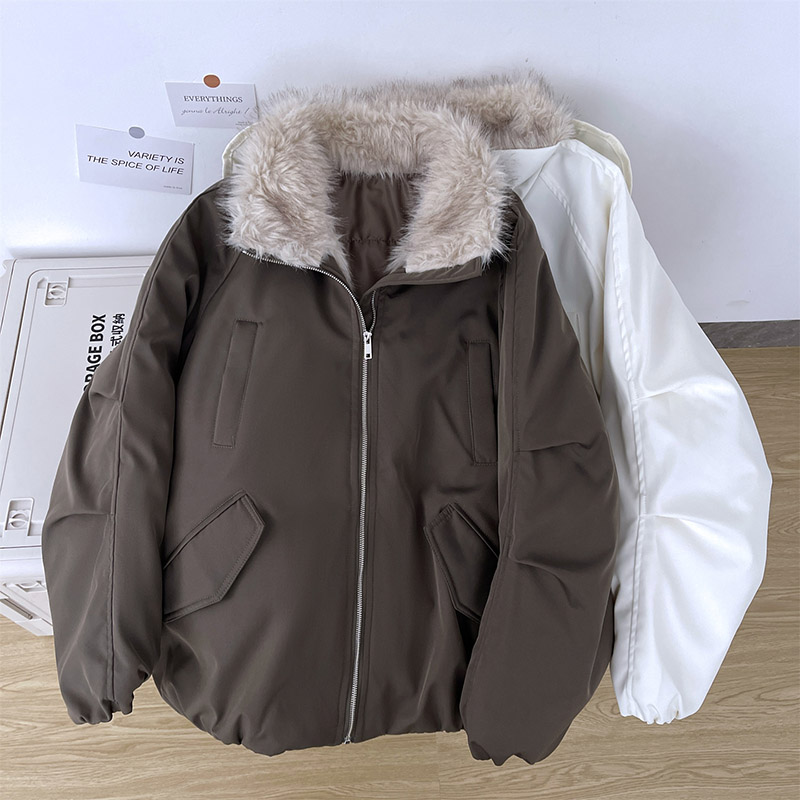 美式羽绒棉服男生高级感冬季加厚加绒派克服保暖拼接毛领棉衣外套