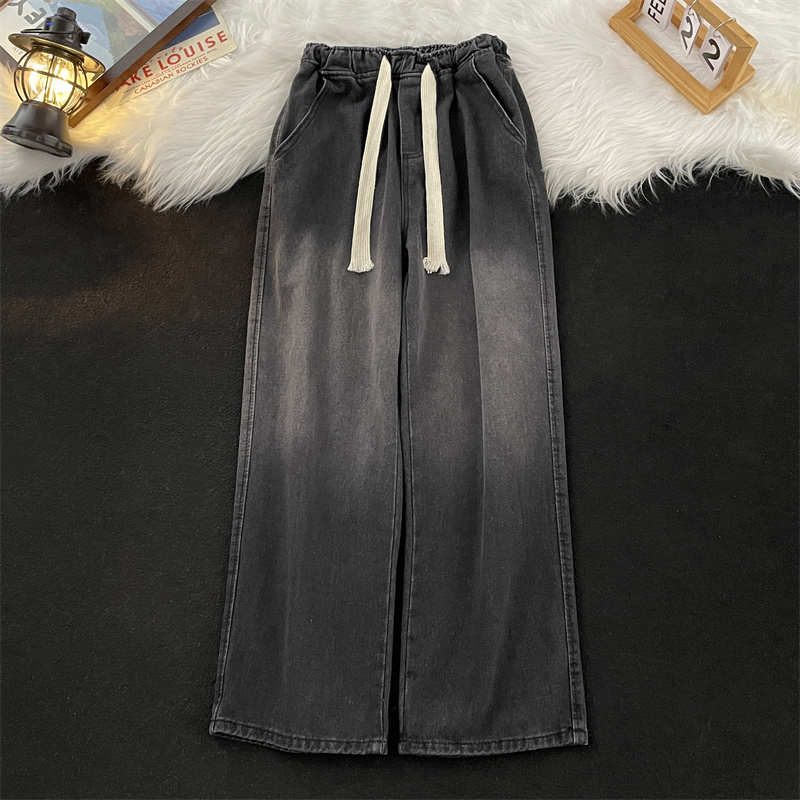 日系抽绳牛仔百搭阔腿长裤