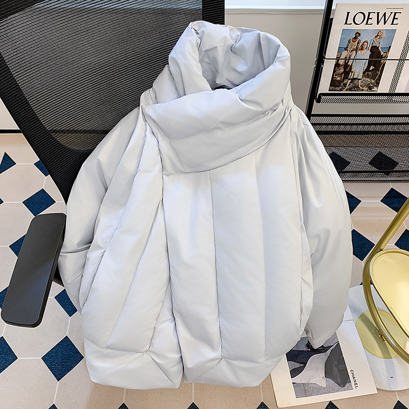 冬季加厚短款羽绒棉服男女设计感不规则廓形外套堆领面包服棉袄子