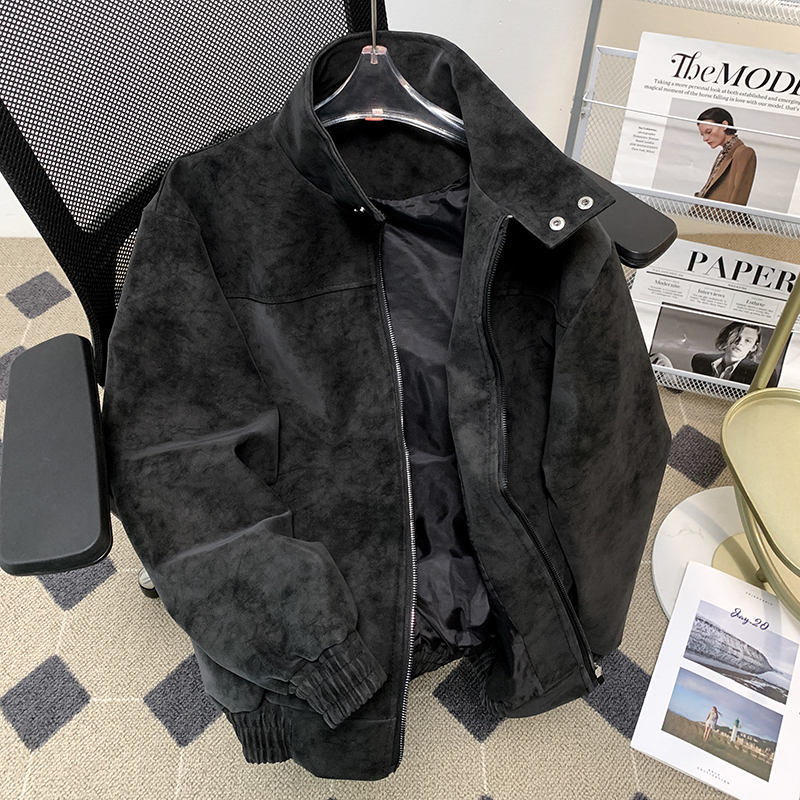 复古扎染立领PU皮衣外套男装美式高级感痞帅廓形皮夹克机车风工装