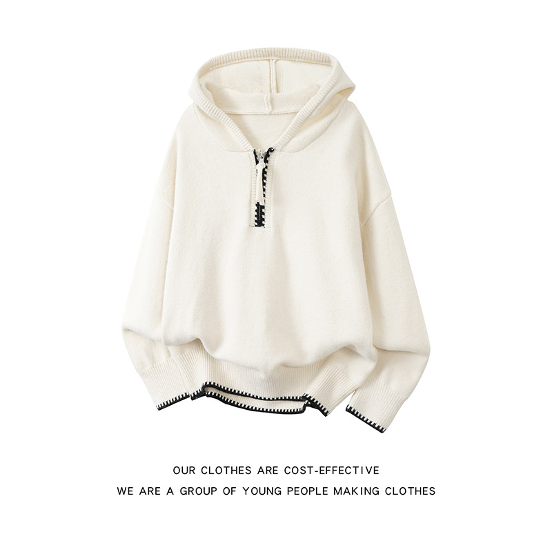 半拉链连帽杏色毛衣男冬季老钱风穿搭宽松套头针织衫内搭帽衫上衣