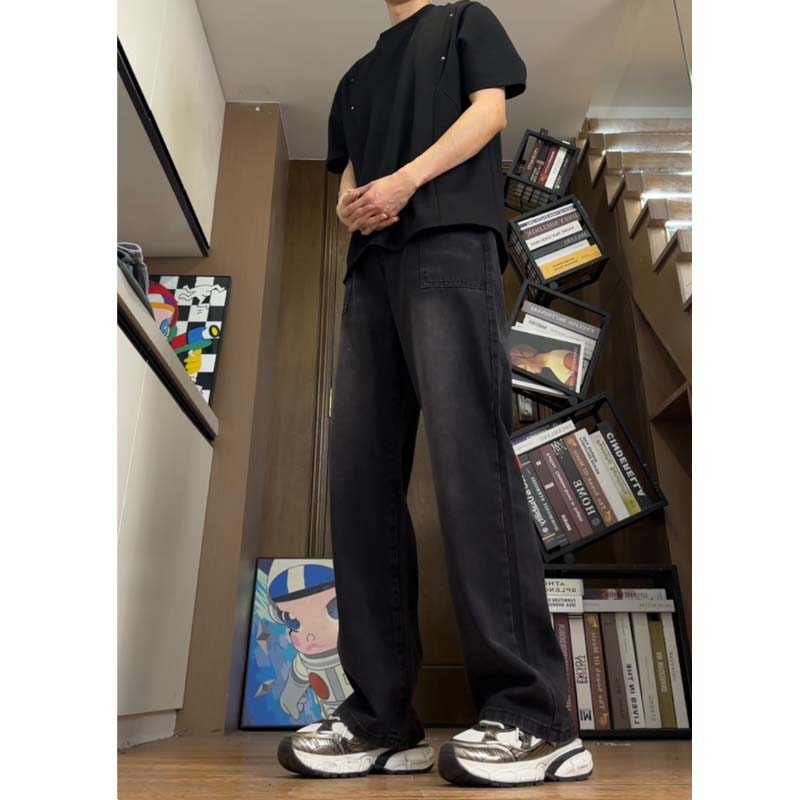 黑色水洗微喇牛仔裤男生宽松阔腿休闲嘻哈工装高街ins直筒长裤潮
