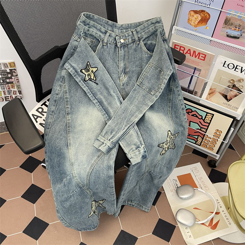 贴布刺绣绑带微喇牛仔裤男女嘻哈hiphop设计感解构弯刀直筒阔腿裤