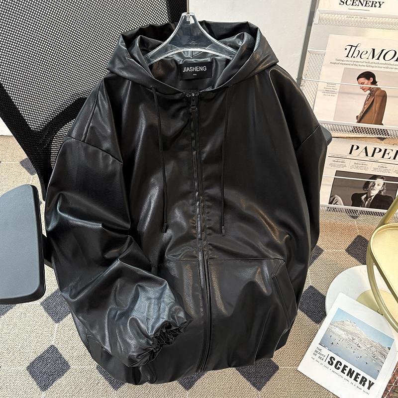 连帽短款拉链皮衣外套男春秋cleanfit美式高级感廓形宽松PU皮夹克