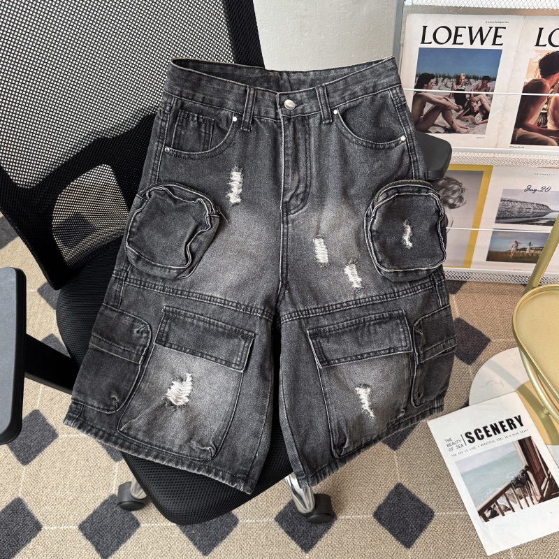 重工多口袋工装牛仔短裤男生夏季美式水洗磨破宽松直筒五分裤做旧