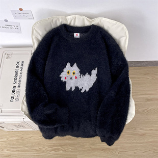 百搭圆领针织衫 趣味小猫图案仿水貂绒软糯毛绒男女保暖长袖 情侣款