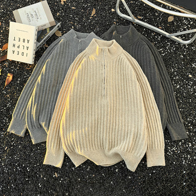 高级感半开襟拉链毛衣男生秋冬美式高领针织衫宽松内搭毛线衣保暖