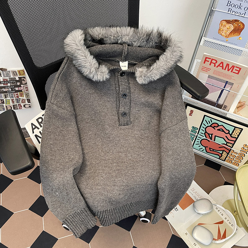 重磅座山雕大毛领连帽针织衫男生冬季宽松百搭高级感保暖毛衣外套