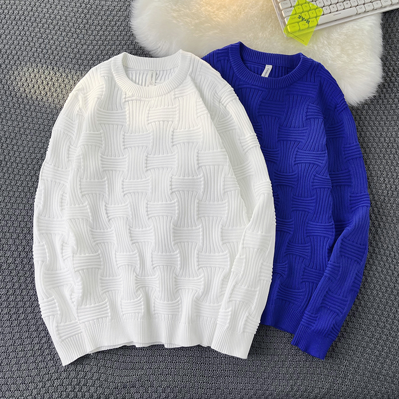 圆领纯色花纹针织衫毛衣男女时尚宽松内搭加厚保暖套头长袖毛线衣