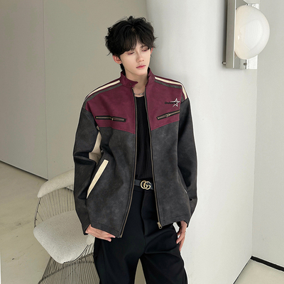 高级感拼接机车服pu皮夹克男款美式刺绣皮衣外套秋季痞帅立领上衣