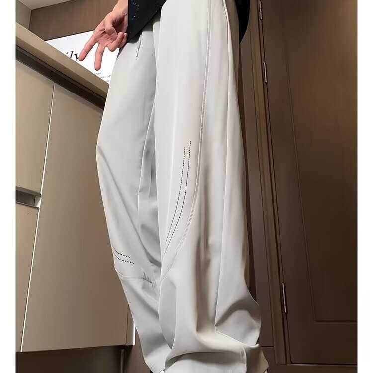 卡其色速干冰丝凉感裤子男女夏季薄款透气速干运动弯刀阔腿休闲裤