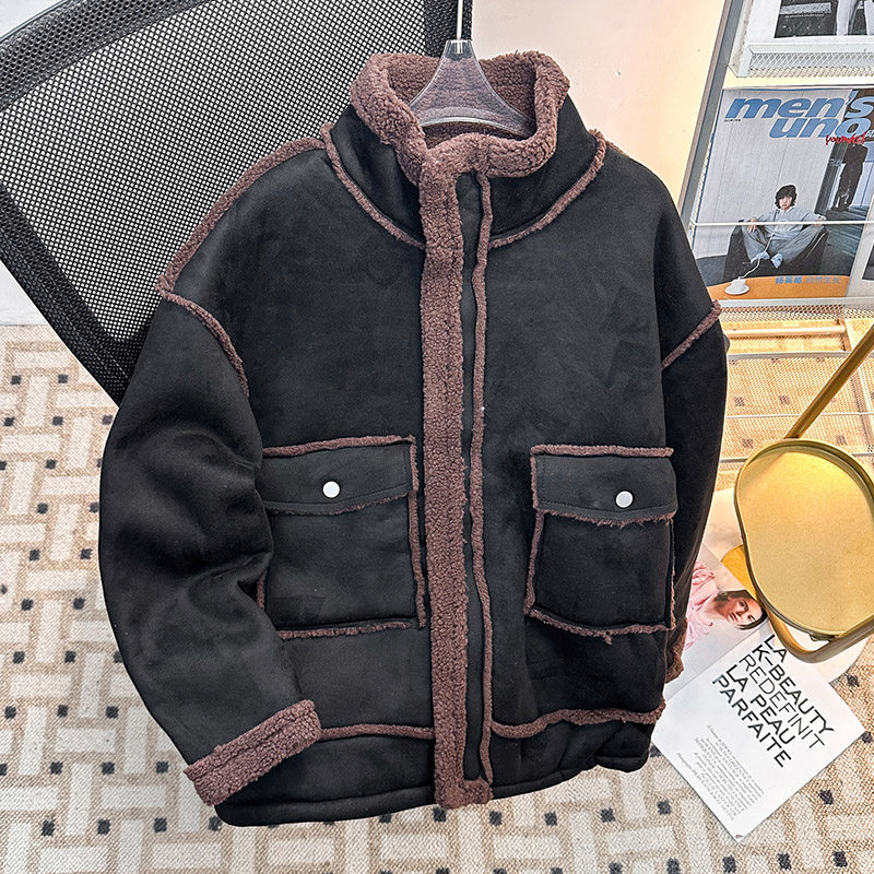 皮毛一体棉衣外套男款冬季拼接设计感羊羔绒棉服加绒加厚防寒棉袄