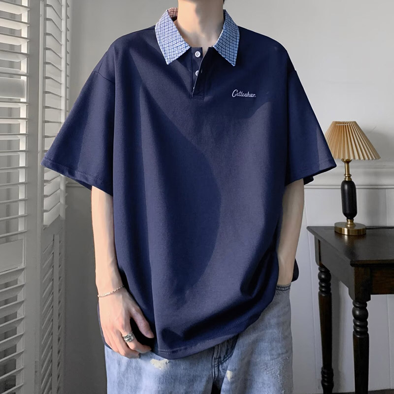 撞色格子拼接polo衫短袖男生韩系宽松衬衫领休闲百搭纽扣上衣T恤